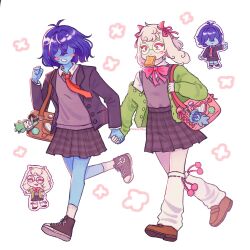 2others alternate_costume animal_ears badge bag bag_charm black_jacket black_shoes blazer blush_stickers bow bowtie bread bread_slice brown_bag brown_shoes button_badge cardigan character_charm charm_(object) commentary deltarune english_commentary food food_in_mouth furry genderfluid_flag glasses goat_ears green-framed_eyewear green_cardigan grey_skirt grey_sweater_vest highres holding_hands horn_ornament horn_ribbon horns jacket jumisteria kris_(dark_world)_(deltarune) kris_(deltarune) kris_(school_uniform)_(deltarune) kris_(susiezilla)_(deltarune) kris_(susiezilla)_(deltarune) leg_warmers mouth_hold multiple_others necktie non-binary_flag official_alternate_costume open_cardigan open_clothes open_jacket pink_bag pink_bow pink_bowtie pink_eyes pink_horns pink_ribbon plaid_clothes plaid_skirt pointing ralsei ralsei_(school_uniform) ralsei_(susiezilla) red_necktie ribbon round_eyewear school_uniform shirt shoes short_hair shoulder_bag signature skirt sweater_vest toast toast_in_mouth utdr_(toby_fox) white_leg_warmers white_shirt