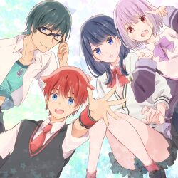  2boys 2girls black-framed_eyewear black_cardigan black_hair black_pants black_skirt blue_background blue_eyes bow bowtie brown_shoes cardigan collared_shirt commentary convenient_leg glasses grabbing_another's_arm green_background green_hair green_shirt grey_pantyhose gridman_universe hibiki_yuuta highres jacket light_blush long_hair long_sleeves looking_at_viewer multiple_boys multiple_girls necktie nokuro open_mouth pants pantyhose pleated_skirt purple_bow purple_bowtie purple_hair purple_jacket red_bow red_bowtie red_eyes red_hair red_necktie red_socks school_uniform shinjou_akane shirt shoes short_hair skirt sleeves_past_wrists smile socks ssss.gridman star_(symbol) takarada_rikka utsumi_shou v white_cardigan white_shirt 