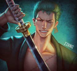  1boy artist_name black_eyes clenched_teeth collarbone commentary earrings english_commentary green_hair highres holding holding_sword holding_weapon japanese_clothes jewelry looking_at_viewer male_focus one_eye_closed one_piece roronoa_zoro scar scar_across_eye scar_on_chest scar_on_face short_hair single_earring smile solo sword teeth weapon zzrnc 