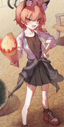  1girl absurdres animal_ear_hairband animal_ears black_halo black_nails black_shirt black_skirt black_socks blue_archive blush bow cat_ear_hairband cat_ears clothes_around_waist commentary crepe diagonal-striped_bow earrings fake_animal_ears fang floral_print floral_print_shirt food grey_jacket ha_kaisou hair_between_eyes hair_bow hairband halo hand_on_own_hip highres holding holding_crepe holding_food jacket jacket_around_waist jewelry looking_at_viewer neru_(blue_archive) neru_(school_uniform)_(blue_archive) official_alternate_costume open_clothes open_mouth open_shirt pleated_skirt print_shirt red_bow red_eyes red_hair red_shoes shirt shoes skirt sneakers socks solo striped_bow stud_earrings white_shirt 