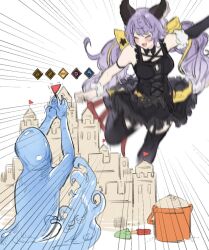  1girl animal_ears black_dress black_thighhighs bow breasts bucket dress elemental_(creature) emphasis_lines gameplay_mechanics gloves granblue_fantasy hair_bow hohuragi imminent_kick long_hair low_twintails medium_breasts mini_flag motion_blur post_guild_war_celebration purple_hair sand sand_castle sand_sculpture satyr_(granblue_fantasy) scrunchie simple_background single_glove sleeveless sleeveless_dress thigh-highs trembling twintails water_elemental white_background wrist_scrunchie 