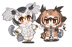  2girls :< animal_ears bird_tail black_hair blush brown_eyes brown_hair chibi chibi_only coat commentary eurasian_eagle_owl_(kemono_friends) floating full_body fur_collar gloves grey_hair hair_between_eyes head_wings holding holding_staff kemono_friends long_sleeves looking_at_viewer multicolored_hair multiple_girls northern_white-faced_owl_(kemono_friends) owl_ears owl_girl pantyhose puff_of_air rectangular_eyes short_hair simple_background slit_pupils staff standing tail untranslatable_commentary v-shaped_eyebrows white_background white_gloves white_hair white_pantyhose wings wonderful_waon yellow_eyes yellow_gloves 