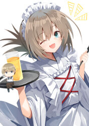  1boy 1girl :d ;d absurdres alternate_costume apron aqua_eyes brown_hair chibi chibi_inset closed_mouth commentary_request cowboy_shot crossed_arms drink dual_wielding enmaided fang folded_ponytail frilled_apron frills frown hair_between_eyes hands_up happy highres holding holding_tray japanese_clothes jitome juice kimono long_sleeves looking_at_viewer maid maid_apron maid_headdress mamiya_takuji medium_hair nodoameyatou notice_lines one_eye_closed open_mouth short_hair sidelocks simple_background skin_fang smile solo_focus subarashiki_hibi tachibana_kimika tray wa_maid white_apron white_background white_kimono wide_sleeves 