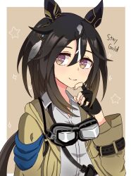  1girl absurdres animal_ears black_gloves black_hair blush brown_hair character_name closed_mouth coat ear_covers fingerless_gloves gloves goggles goggles_around_neck hair_between_eyes highres horse_ears horse_girl knife_sheath long_hair mgr3na2sup_6 multicolored_hair sheath shirt smile solo star_(symbol) stay_gold_(sunlit_outsider)_(umamusume) stay_gold_(umamusume) umamusume upper_body white_hair white_shirt yellow_coat 