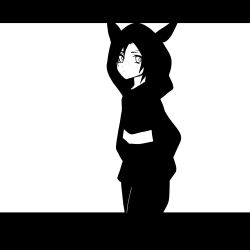  1girl air_shakur_(umamusume) animal_ears closed_mouth commentary_request cowboy_shot expressionless eyebrow_piercing face_piercing greyscale hands_in_pockets high_contrast highres hood hood_up hoodie horse_ears horse_girl letterboxed long_hair long_sleeves looking_at_viewer monochrome pants piercing simple_background solo tagu_(ggg226s) umamusume 