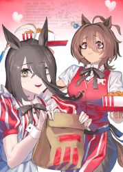  2girls absurdres agnes_tachyon_(umamusume) ahoge animal_ears apron bag black_bow black_hair black_pants bow breasts brown_hair chicken_(food) closed_mouth collared_shirt commentary_request dress ear_tag earrings employee_uniform fast_food fast_food_uniform food fried_chicken hair_between_eyes heart highres holding holding_bag holding_tray horse_ears horse_girl horse_tail jewelry kfc long_bangs long_hair long_hair_between_eyes looking_at_viewer manhattan_cafe_(umamusume) medium_breasts medium_hair multicolored_hair multiple_girls official_alternate_costume open_mouth pants red_apron red_dress red_eyes red_vest rinka_(tonariuta) shirt short_sleeves single_earring small_breasts smile striped_clothes striped_dress tail teeth tray umamusume upper_teeth_only vertical-striped_clothes vertical-striped_dress vest waist_apron white_apron white_hair white_shirt white_wrist_cuffs wrist_cuffs yellow_eyes 