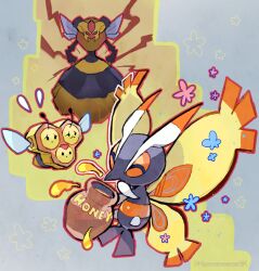  angry blue_background combee commentary_request flower flying_sweatdrops full_body honey honeypot kantarou_(8kan) mothim no_humans pokemon pokemon_(creature) red_eyes twitter_username vespiquen 