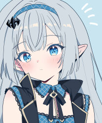  1girl absurdres ahoge black_bow black_bowtie black_ribbon blue_eyes blue_hairband blush bow bowtie closed_eyes coat_dress commentary_request detached_collar dress female_tyrant_(stella_sora) gallve grey_hair hair_ornament hairband highres jewelry key key_necklace long_hair looking_at_viewer necklace notice_lines plaid_clothes plaid_collar plaid_dress plaid_hairband pointy_ears portrait ribbon solo stella_sora tyrant_(stella_sora) 