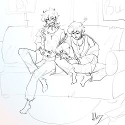  2boys choker controller couch cross cross_necklace dual_persona full_body gluttony_gods greyscale grin holding holding_controller in-franchise_crossover inverted_cross inverted_cross_necklace jacket jacket_partially_removed jewelry killer_chat! male_focus monochrome multiple_boys necklace nolonger.human outstretched_leg ronin_(gluttony_gods) ronin_(killer_chat) short_hair sitting smile 