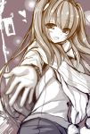  1girl heart long_hair looking_at_viewer monochrome open_mouth scarf smile solo syroh very_long_hair 