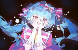  1girl :d black_background blue_hair bow bowtie dearstellar dress gloves hair_bow hair_ribbon hairband hands_on_own_cheeks hands_on_own_face hatsune_miku highres ima_sugu_rinne_(vocaloid) light_particles long_hair looking_at_viewer open_mouth pink_bow pink_bowtie pink_dress pink_eyes pink_hairband pink_ribbon puffy_short_sleeves puffy_sleeves ribbon short_sleeves smile solo star-shaped_pupils star_(symbol) symbol-shaped_pupils twintails two-tone_bow two-tone_bowtie two-tone_ribbon vocaloid white_bow white_bowtie white_gloves white_ribbon 