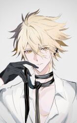  1boy 79nusr antenna_hair black_choker black_gloves black_necktie blonde_hair body_markings choker closed_mouth collared_shirt commentary_request diamond-shaped_pupils diamond_(shape) earclip gloves hair_between_eyes hand_up highres holding honkai:_star_rail honkai_(series) long_hair_between_eyes looking_at_viewer male_focus neck_tattoo necktie official_alternate_costume open_clothes open_shirt orange_eyes phainon_(fashion)_(honkai:_star_rail) phainon_(honkai:_star_rail) phainon_(khaslana)_(honkai:_star_rail) shirt short_hair simple_background smile solo sun_symbol sun_tattoo symbol-shaped_pupils tattoo upper_body white_background white_shirt 
