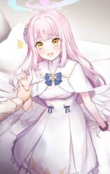 1boy 1girl ^^^ bed_sheet blue_archive blue_bow blush bow breasts capelet commentary_request dress feathered_wings frilled_dress frills hair_bun halo holding_another's_wrist long_hair low_wings mashiro_aa medium_breasts mika_(blue_archive) orange_eyes pillow pink_hair ringed_eyes single_side_bun small_sweatdrop sweat very_long_hair white_capelet white_dress white_wings wings 