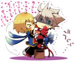  &gt;_&lt; 2boys blazblue blonde_hair brothers food heterochromia jin_kisaragi kuro_yuzu lunchbox multiple_boys ragna_the_bloodedge siblings sweat sweatdrop tied_up 