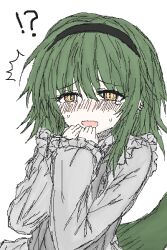 1boy bill_(black_souls) black_bow black_bowtie black_hairband black_souls black_souls_2 blush bow bowtie cheongpoong_1 crying dress ear_piercing fudanshi full-face_blush green_hair green_tail grey_dress hairband hand_up lizard_tail looking_at_viewer male_focus piercing reptile_boy ringed_eyes scared short_hair shy sidelocks simple_background slit_pupils solo sushi_yuusha_toro_(style) sweat tail trap yellow_eyes 