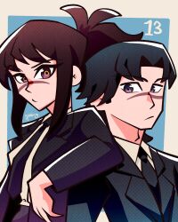 1boy 1girl absurdres akaiguarts artist_name black_dress black_hair black_jacket black_necktie black_suit border brown_eyes brown_hair chainsaw_man collared_shirt commentary dress elbow_on_another's_shoulder english_commentary grey_eyes high_ponytail highres jacket kurose_yuutarou long_sleeves necktie ponytail portrait scar scar_on_face scar_on_nose shirt short_hair suit tendou_michiko upper_body white_background white_border white_shirt 
