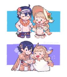  1boy 1girl alfonse_(fire_emblem) alfonse_(sunlit_spirit)_(fire_emblem) blue_eyes blue_hair brother_and_sister cape chibi closed_eyes closed_mouth commentary fire_emblem fire_emblem_heroes fur_cape fur_trim gradient_hair green_eyes hat highres long_hair looking_at_another multicolored_hair mushi_rags navel official_alternate_costume open_mouth sharena_(fire_emblem) sharena_(sea_of_hope)_(fire_emblem) short_hair siblings smile stomach sun_hat two-tone_hair untranslatable_commentary white_cape 