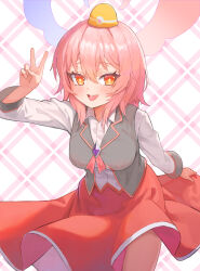  100_orange_juice 1girl absurdres asymmetrical_wings collared_shirt collared_vest commission cowboy_shot glowing glowing_wings grey_vest highres juice_gukbap medium_hair mismatched_wings open_mouth orange_hair pink_hair pink_wings red_skirt shirt skirt solo sumika_(orange_juice) v vest white_shirt wings 