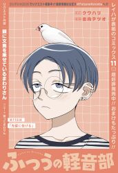  1girl absurdres animal_on_head bird blue_eyes blue_hair blush collarbone commentary_request copyright_name ear_piercing frown futsuu_no_keion-bu glasses grid_background highres ideuchi_tetsuo java_sparrow nikaidou_mawari official_art on_head parted_bangs piercing portrait round_eyewear second-party_source shirt short_hair solo striped_clothes striped_shirt translation_request upturned_eyes vertical-striped_clothes vertical-striped_shirt very_short_hair white_bird white_java_sparrow 