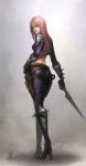  1girl ass back blade boots foliage gloves green_eyes high_heels highres katarina_du_couteau league_of_legends long_hair looking_at_viewer looking_back redhead scar solo tight_pants 