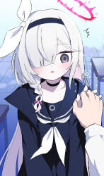  1boy 1girl ^^^ black_choker black_coat black_eyes black_hairband black_sailor_collar black_serafuku black_skirt blue_archive braid choker coat colored_inner_hair commentary_request desk hair_over_one_eye hairband halo highres holding_hands interlocked_fingers kamatama light_blush long_hair long_sleeves multicolored_hair neckerchief parted_lips pink_hair plana_(blue_archive) pov pov_hands red_halo red_pupils ribbon sailor_collar school_desk school_uniform sensei_(blue_archive) serafuku single_braid skirt small_sweatdrop solo_focus straight-on upper_body very_long_hair white_hair white_neckerchief white_ribbon 