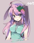  1girl animal_ears blush breasts carrot hair_ornament long_hair looking_at_viewer mishima_kurone purple_hair rabbit_ears simple_background smile solo 
