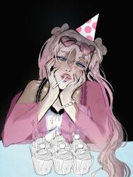  1girl angel_(killer_chat) blonde_hair blue_eyes blush bracelet cupcake double_bun dress food gradient_hair hair_bun half-closed_eyes hands_on_own_face hat hatchetclownguy highres jacket jewelry killer_chat! multicolored_hair party_hat pink_hair pink_jacket see-through_clothes see-through_jacket smile solo teeth twintails unfinished upper_body white_dress 