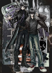  2boys absurdres artist_name asymmetrical_bangs belt belt_buckle black_coat black_hair black_pants black_shirt bonley boots brown_boots buckle coat denim earphones earrings fingernails full_body grin hair_between_eyes highres holding holding_earphones jeans jewelry long_hair medium_hair mole mole_under_eye multiple_belts multiple_boys original pants parted_bangs shirt shoes smile sneakers standing striped_clothes striped_shirt torn_clothes torn_jeans torn_pants two-sided_fabric violet_eyes watermark weibo_watermark 