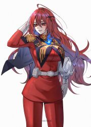  1girl absurdres ahoge arm_behind_head artist_name belt black_capelet blue_fire blue_hair breasts capelet carrying carrying_under_arm char_aznable char_aznable_(cosplay) closed_mouth colored_inner_hair combat_helmet commentary commission cosplay cowboy_shot double-parted_bangs elizabeth_rose_bloodflame english_commentary epaulettes fire fire_on_chest floating_hair gloves gundam hair_between_eyes hair_ornament helmet highres holding holding_unworn_helmet hololive hololive_english huge_ahoge jacket keisea large_breasts long_hair looking_to_the_side military_rank_insignia military_uniform mobile_suit_gundam multicolored_hair pants red_eyes red_hair red_jacket red_pants science_fiction second-party_source simple_background smile solo standing turning_head two-tone_hair unworn_headwear unworn_helmet very_long_hair virtual_youtuber white_background white_belt white_gloves zeon 