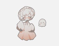  1girl alternate_costume arms_up blush brown_eyes chibi closed_mouth commentary dot_mouth floating frilled_headwear ghost ghost_girl hat light_blush mob_cap naiguozi original oversized_clothes oversized_dress ribbon short_hair sleeves_past_fingers sleeves_past_wrists untranslatable_commentary white_background white_hair white_headdress wide_sleeves 