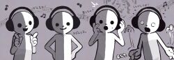  1boy :o ^^^ beamed_eighth_notes beamed_sixteenth_notes closed_eyes commentary_request earmuffs eighth_note food grey_background hand_on_headphones hands_on_own_hips hands_up headphones highres index_finger_raised looking_at_viewer male_focus motion_lines multiple_expressions multiple_views musical_note musical_staff no_humans notice_lines o_o open_mouth pikatiu pointing pointing_up quarter_note rhythm_tengoku simple_background singing smile solid_circle_eyes surprised sweatdrop upper_body uraomote_hito 