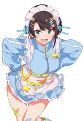  1girl absurdres apron bandaid bandaid_on_leg black_hair blue_eyes blue_jacket breasts commentary_request cropped_jacket frilled_apron frills hair_ornament hairclip hands_on_own_hips heart heart_hair_ornament highres hololive irodori_drawpic jacket jersey_maid large_breasts long_sleeves looking_at_viewer maid maid_headdress midriff miniskirt name_tag navel oozora_subaru open_mouth short_hair simple_background skirt solo swept_bangs unconventional_maid v-shaped_eyebrows virtual_youtuber waist_apron white_background x_hair_ornament 