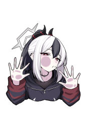  1girl against_fourth_wall against_glass black_hair black_hoodie black_horns black_shirt blue_archive bright_pupils cheek_on_glass cheek_press comiket_108 commentary_request demon_horns earclip grey_halo hair_between_eyes halo hand_on_glass highres hood hoodie horns jewelry kayoko_(blue_archive) long_sleeves looking_at_viewer multicolored_hair necklace nichijou_(nichijoutouhou) portrait red_eyes shirt simple_background solo sweatdrop two-tone_hair white_background white_hair white_pupils 