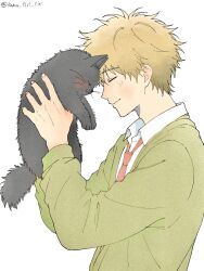  1boy animal black_cat blonde_hair blush cat closed_eyes closed_mouth commentary_request dress_shirt forehead-to-forehead from_side green_sweater heads_together highres holding holding_animal holding_cat kana_siri_siri male_focus necktie shima_sousuke shirt short_hair simple_background skip_to_loafer solo sweater twitter_username upper_body white_background white_shirt 