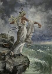  1girl absurdres animal_ears antlers blonde_hair brown_fur clouds cloudy_sky commentary deer_ears deer_girl deltarune dress english_commentary highres hooves horns long_hair nitrovu noelle_holiday ocean painterly realistic reindeer_antlers reindeer_girl ribbon sky solo utdr_(toby_fox) white_dress white_ribbon 