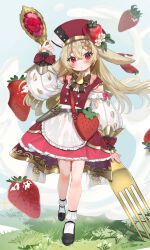  1girl :o absurdres animal_ear_request apron bag belt black_shoes blonde_hair bobby_socks bow buttons clothing_cutout collared_shirt commentary double-breasted flower food fork frilled_apron frilled_skirt frills fruit fruit_hat_ornament full_body grass harimoto_09 hat hat_flower highres holding holding_fork long_hair long_sleeves mary_janes open_mouth original red_bag red_bow red_eyes red_hat red_skirt red_vest shirt shoes shoulder_bag shoulder_cutout skirt socks solo strawberry untranslatable_commentary vest walking white_apron white_shirt white_socks wide_sleeves 