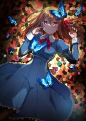  absurdres blue_butterfly blue_dress blue_gem bug butterfly character_request collared_dress commentary_request copyright_request dress dutch_angle frilled_dress frills gem green_gem harimoto_09 highres juliet_sleeves long_hair long_sleeves lying mosaic_pattern neck_ribbon open_mouth pink_eyes pink_gem puffy_sleeves purple_gem red_ribbon ribbon teeth upper_teeth_only white_wrist_cuffs wrist_cuffs 
