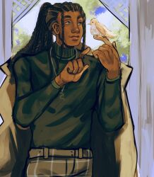  1boy acesterical animal_on_hand belt bird blue_eyes coat coat_on_shoulders dark-skinned_male dark_skin dreadlocks highres jewelry killer_chat! male_focus necklace open_clothes open_coat painterly parted_lips ponytail shirt_tucked_in smile solo turtleneck v_(killer_chat) yellow_coat 