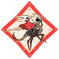  1girl 1other arthropod_girl black_eyes black_skin cloak colored_skin full_body hardbone_elder_(hollow_knight) holding holding_weapon hollow_eyes hollow_knight hollow_knight:_silksong horned_mask hornet_(hollow_knight) horns mask needle_(hollow_knight) nullgas310 red_cloak riding riding_animal sitting weapon white_mask 