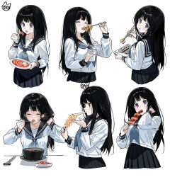  1girl artist_logo black_hair black_skirt blue_neckerchief chitanda_eru chopsticks closed_eyes commentary_request cup eating food food_in_mouth from_behind from_side hand_in_own_hair holding holding_chopsticks holding_cup holding_plate holding_skewer hyouka logo long_hair long_sleeves looking_at_viewer looking_back mery_(yangmalgage) multiple_views neckerchief plate pleated_skirt sailor_collar sailor_shirt school_uniform serafuku shirt simple_background skewer skirt smile sweat violet_eyes white_background 