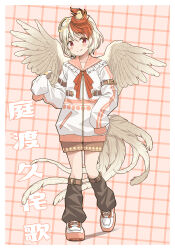  1girl animal_on_head baby_animal bird bird_tail black_leg_warmers blonde_hair border brown_shoes character_name chick closed_mouth commentary_request feathered_wings full_body grid_background halo highres holding holding_whistle jacket leg_warmers long_sleeves looking_at_viewer multicolored_hair niwatari_kutaka on_head orange_background red_eyes red_hair shoes short_hair sleeves_past_fingers sleeves_past_wrists smile sneakers solo tail touhou translation_request two-tone_hair whistle white_border white_jacket white_shoes wings yudepii zipper 