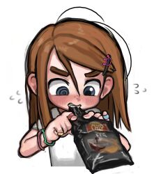  1girl 482egg bag_of_chips bandaid bandaid_on_finger bandaid_on_hand blue_eyes blush bracelet braces brown_hair child flying_sweatdrops freckles highres jewelry original pinky_out sawyer_(482egg) shirt solo thick_eyebrows white_background white_shirt 