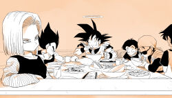  amayuki318 android android_18 black_hair blonde_hair bodysuit cape collarbone commentary_request dining_room dougi dragon_ball dragon_ball_z eating food food_in_mouth gloves great_saiyaman halo highres holding holding_food holding_plate kuririn long_sleeves muscular muscular_male orange_background parted_hair plate raised_eyebrows restaurant shirt sitting son_gohan son_goku sunglasses sweatdrop t-shirt tank_top_over_shirt thick_eyebrows turban undershirt vegeta videl white_gloves wristband 