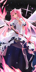 1girl absurdres bow bow_(weapon) choker circle commentary cropped_jacket dress fire gem gloves hair_bow high-low_dress highres holding holding_bow_(weapon) holding_weapon jacket kaname_madoka layered_dress layered_sleeves liaozhaimao2007 long_hair looking_at_viewer magical_girl mahou_shoujo_madoka_magica mahou_shoujo_madoka_magica_(anime) pink_fire pink_gem pink_hair pink_thighhighs soul_gem_(madoka_magica) thighhighs two_side_up ultimate_madoka very_long_hair weapon white_bow white_choker white_dress white_gloves white_jacket yellow_eyes