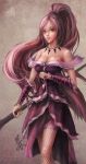  1girl alternate_costume bare_shoulders breasts brown_hair cleavage fishnet_legwear fishnets foliage high_ponytail jewelry league_of_legends long_hair necklace nidalee polearm solo very_long_hair weapon 