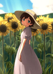  1girl :o aqua_eyes blurry blurry_background brown_hair commentary day dot_nose dress facing_to_the_side field flipped_hair flower flower_field grass hat highres idolmaster idolmaster_million_live! kinoshita_hinata light_blush light_particles looking_at_viewer mountainous_horizon outdoors puffy_short_sleeves puffy_sleeves short_hair short_sleeves solo straw_hat sun_hat sunflower sunflower_field sunlight untranslatable_commentary white_dress yamadakohi 