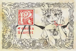  1girl bat_wings blood blood_on_hand blood_on_tongue border commentary_request cropped_torso english_text facing_ahead facing_viewer fangs hands_on_own_face hands_up hat hat_ribbon maguma_hiroshi medium_hair mob_cap ornate_border puffy_short_sleeves puffy_sleeves remilia_scarlet ribbon sepia shirt short_sleeves sideways_glance smile spot_color tongue tongue_out touhou wings 