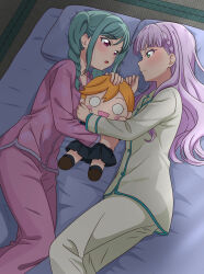  2girls blush character_doll commentary_request doll feet_out_of_frame green_eyes highres long_hair looking_at_another love_live! love_live!_superstar!! loveliveluckysk lying multiple_girls onitsuka_tomari open_mouth pajamas pillow shibuya_kanon twintails violet_eyes wien_margarete 