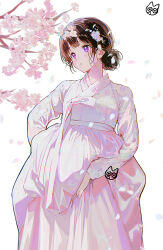  1girl artist_logo black_hair cherry_blossoms chitanda_eru commentary_request falling_petals floral_print floral_print_kimono hair_bun hair_ornament hyouka japanese_clothes kimono logo long_sleeves looking_to_the_side mery_(yangmalgage) petals print_kimono single_hair_bun solo violet_eyes white_background white_kimono 