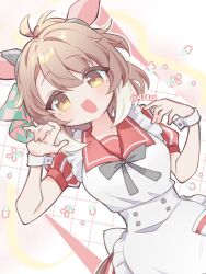  1girl ahoge animal_ears anzen_robo_(474zz) black_bow blush bow breasts brown_eyes brown_hair checkered_ribbon commentary_request dantsu_flame_(umamusume) dress ear_covers ear_ribbon employee_uniform fast_food_uniform hair_between_eyes hairband horse_ears horse_girl horse_tail kfc looking_at_viewer multicolored_hair open_mouth pink_hairband red_dress short_sleeves smile solo striped_clothes striped_dress tail umamusume vertical-striped_clothes vertical-striped_dress white_hair white_wrist_cuffs wrist_cuffs 